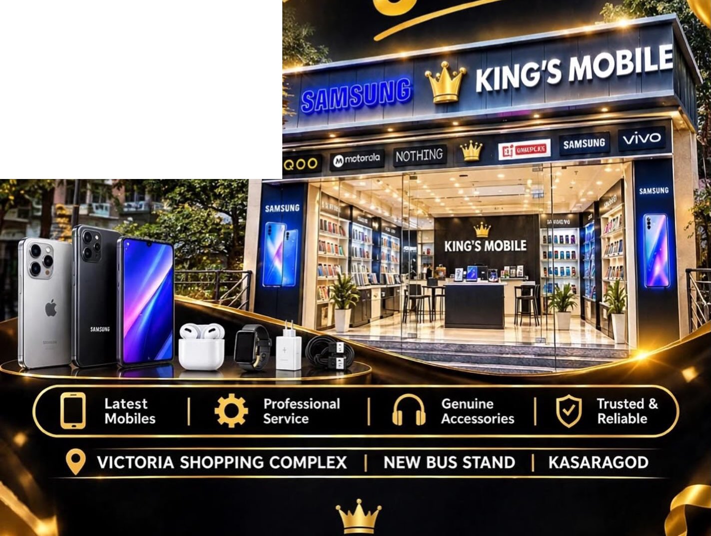 King’s Mobile promotional storefront visual with black and gold signage